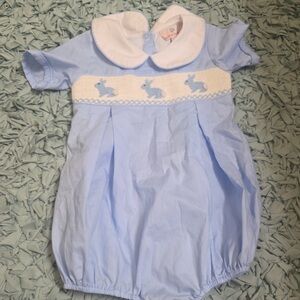 Blue Baby Bubble Romper with Bunny Smocking